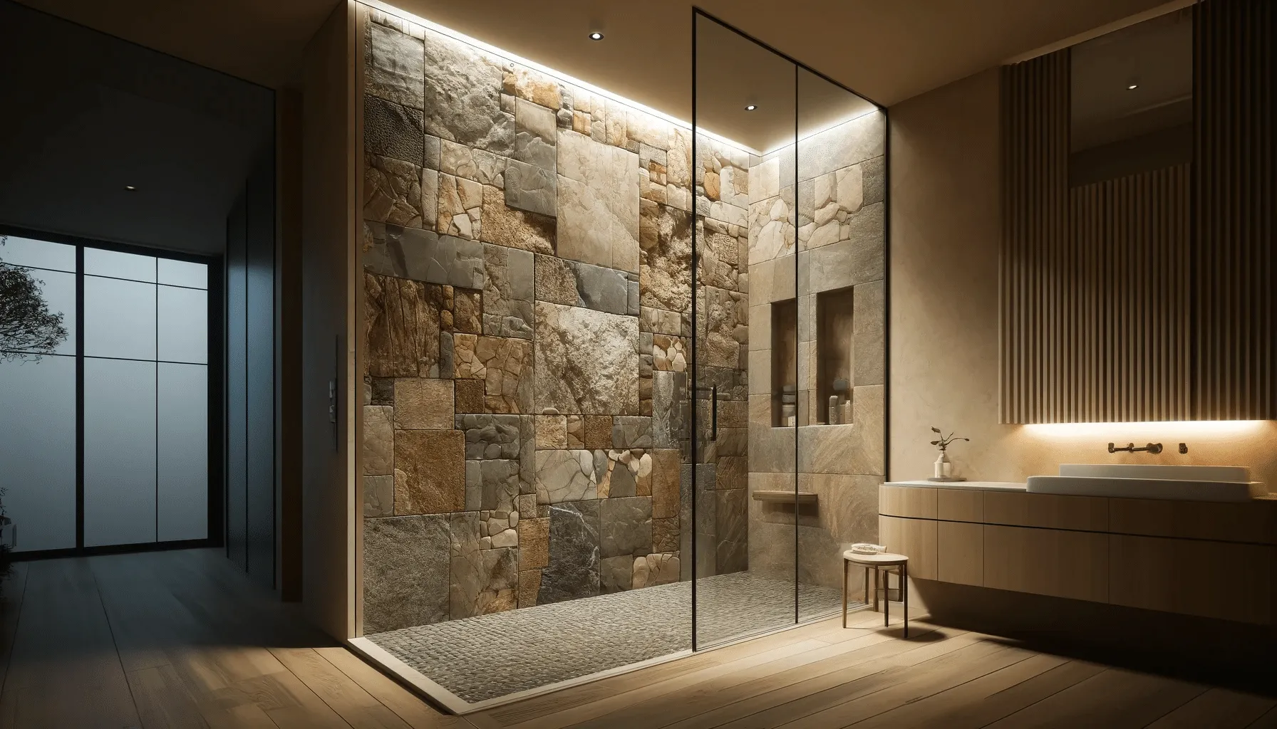 Illustration of a glass shower with a rough natural stone wall