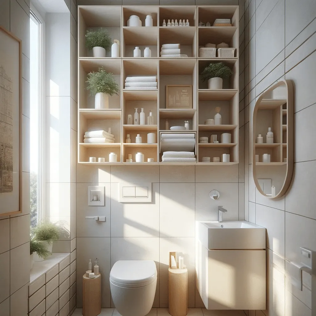 Illustration of a small bathroom with open shelves above a compact vanity and a wall-hung toilet