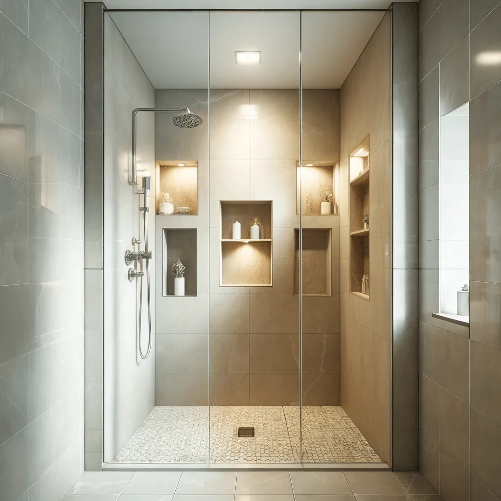 Illustration of a walk-in shower with frameless glass and lit wall niches