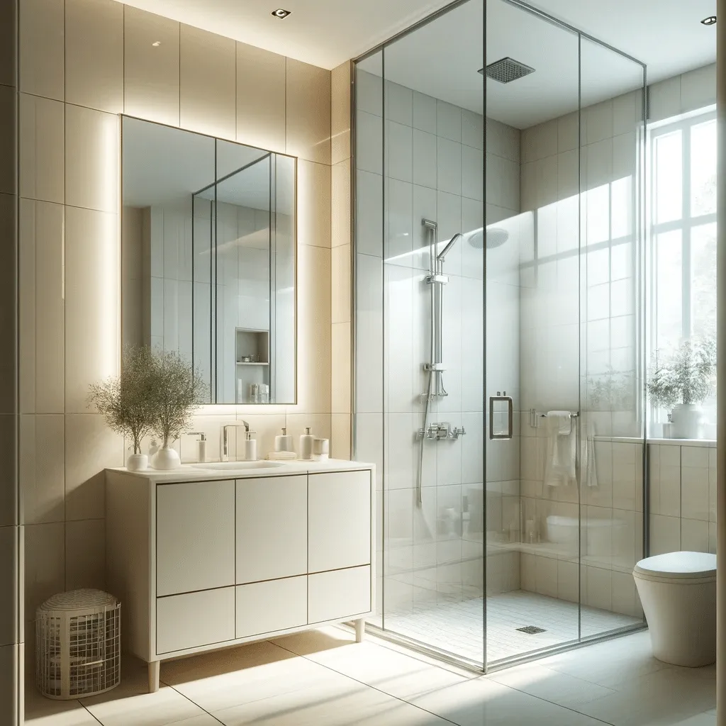 Illustration of a small bathroom with a large mirror cabinet and a glass shower