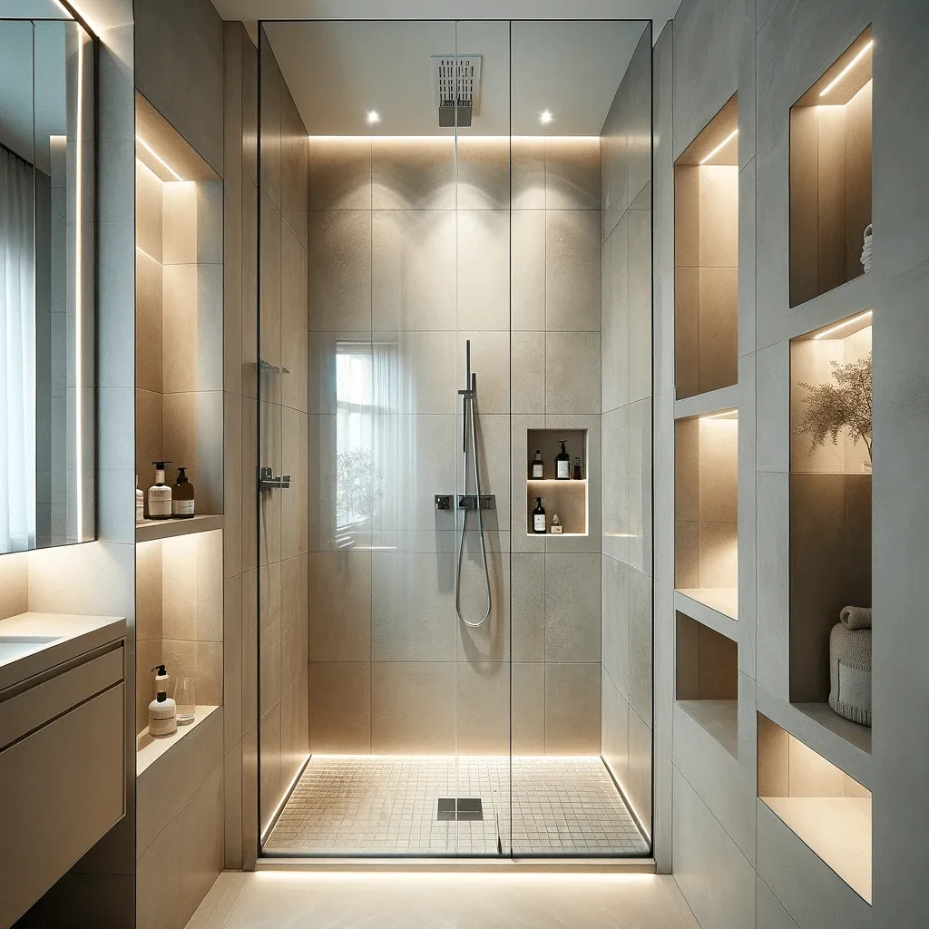 Illustration of a narrow walk-in shower with a glass panel and recessed shelves