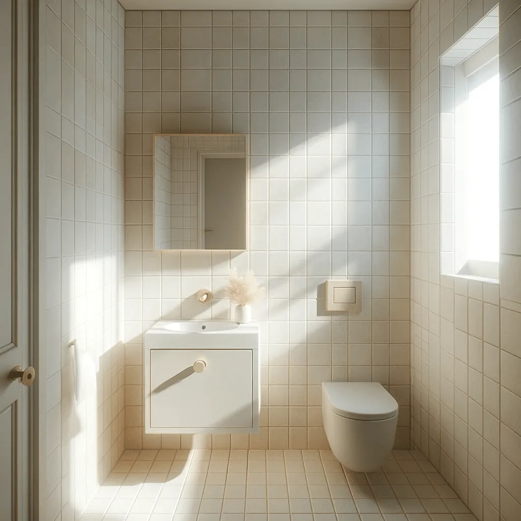 Illustration of a small bathroom with a wall-mounted vanity and a mirror cabinet