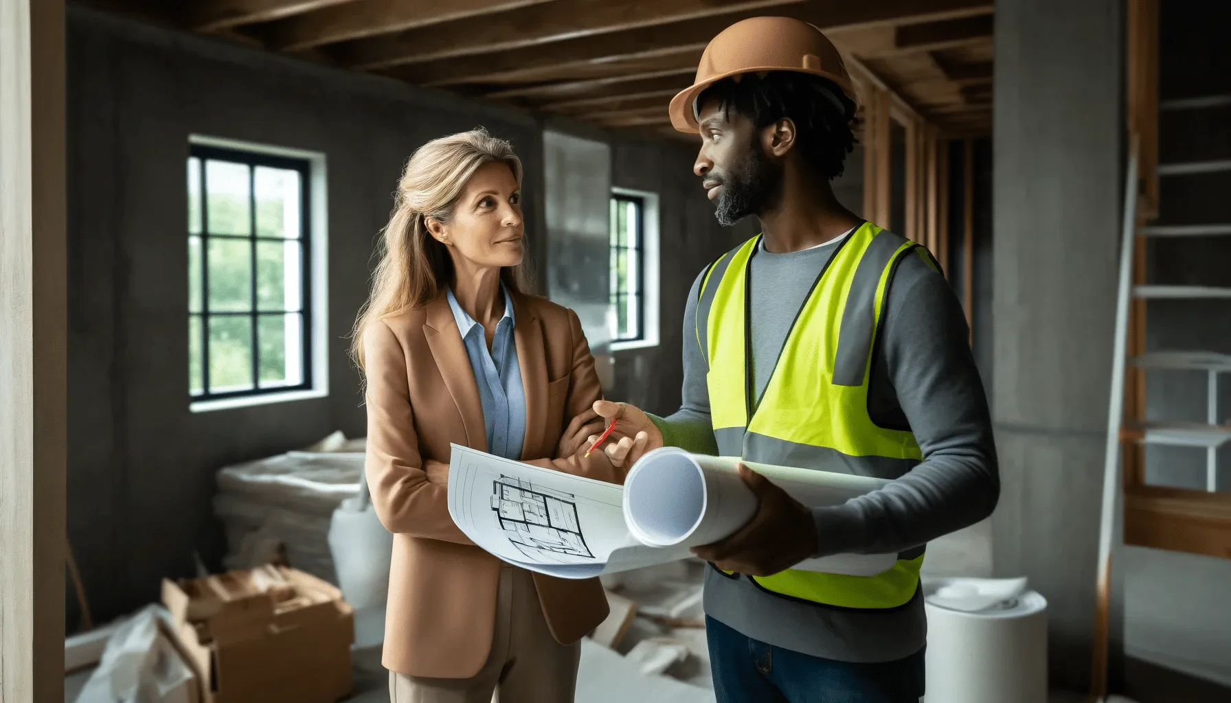 Illustration of a homeowner and a contractor reviewing plans in a house under renovation