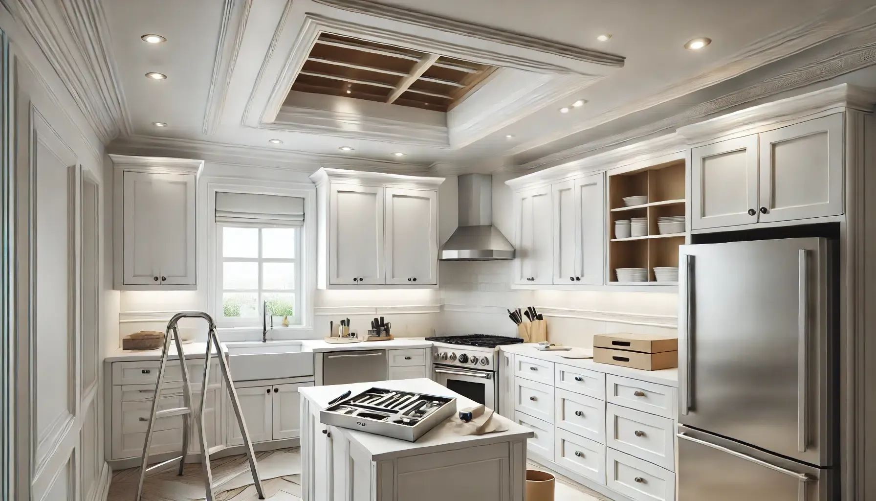 Illustration of a white kitchen with the ceiling opened above the upper cabinets