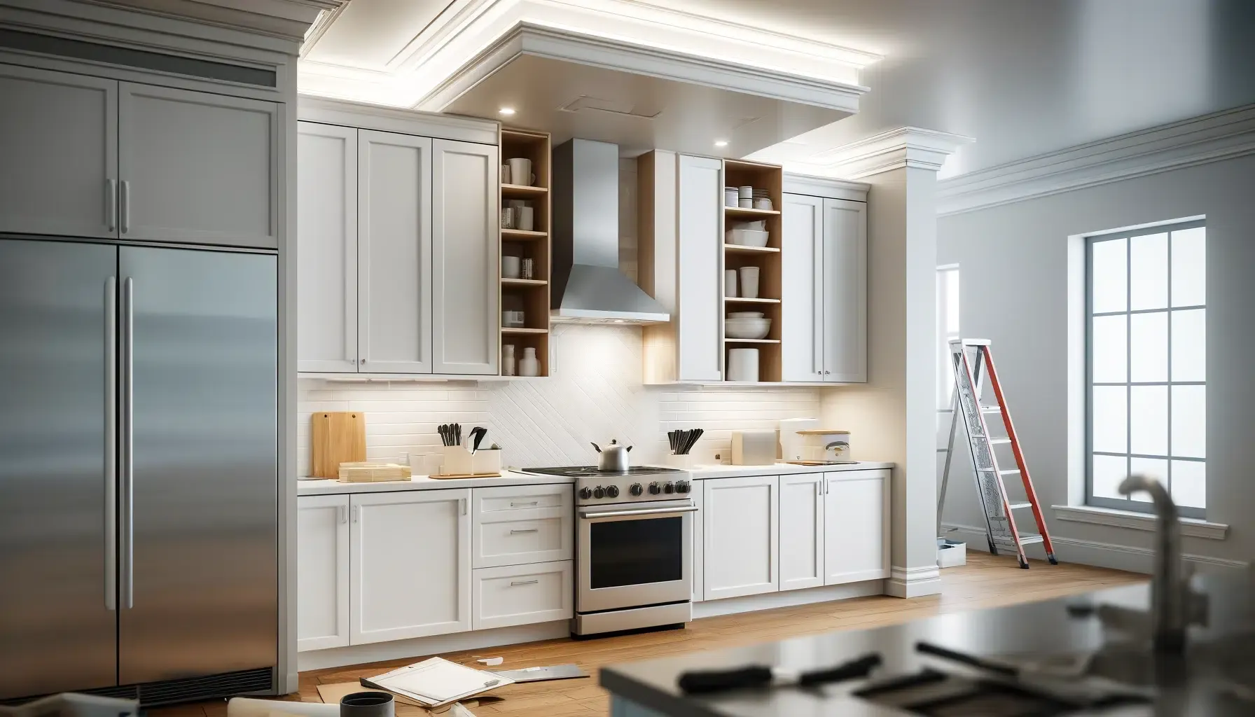Illustration of a white kitchen with a soffit running above the upper cabinets