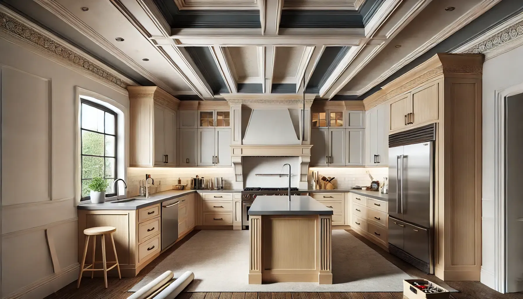 Illustration of a kitchen with a boxed ceiling and wood cabinets