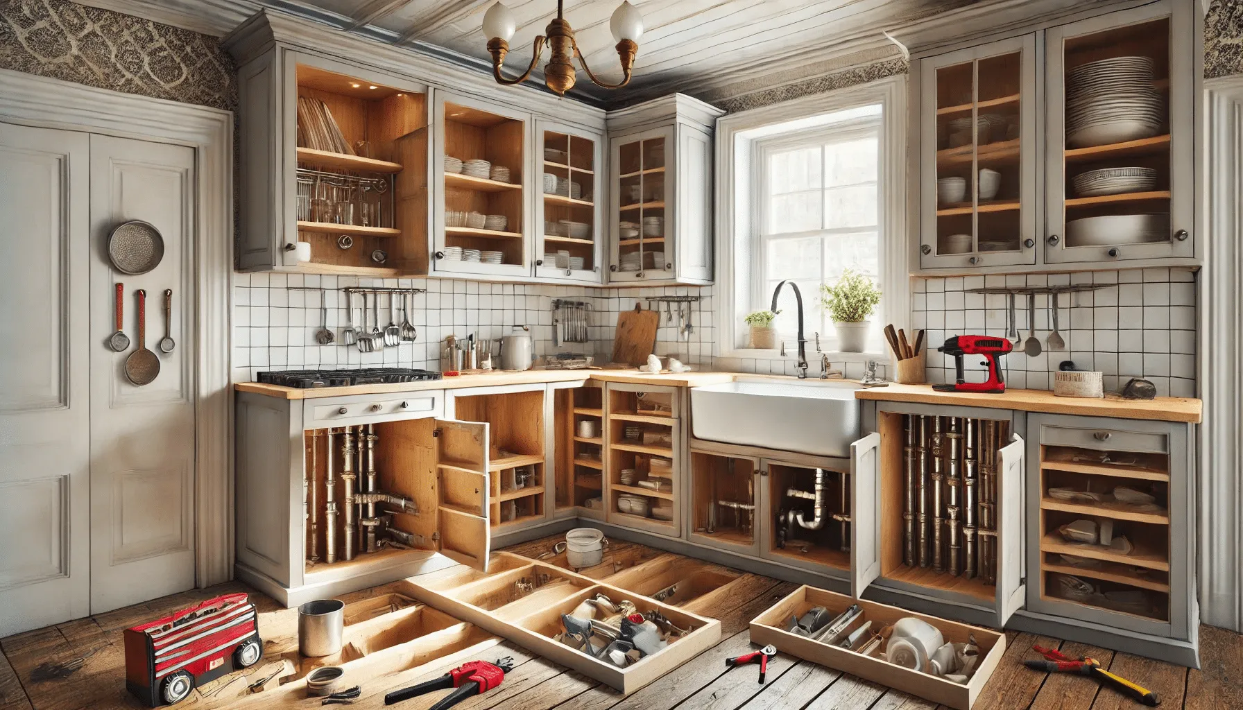 Kitchen with a soffit above the cabinets