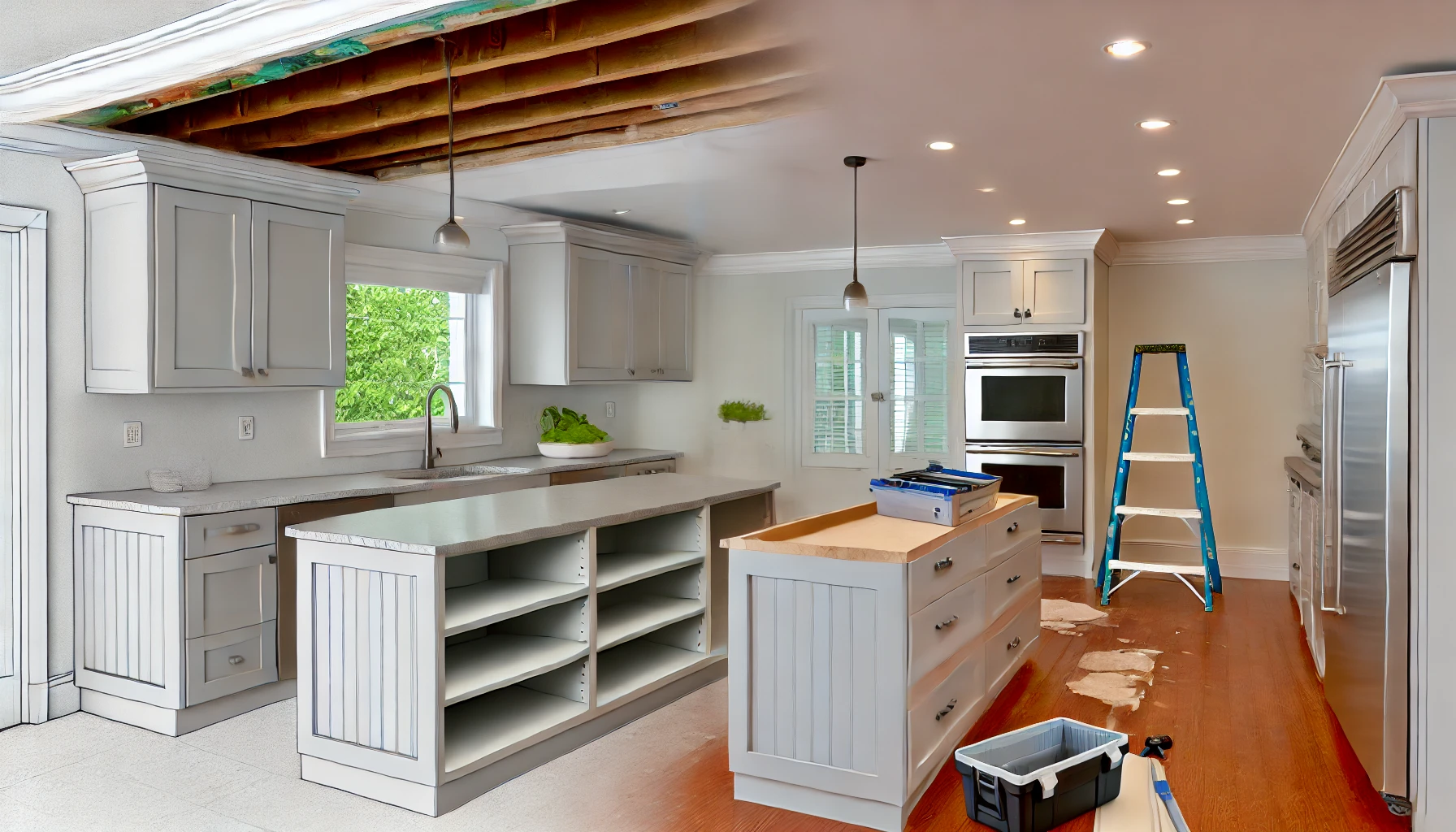 kitchen island, new cabinets, storage space, kitchen soffit