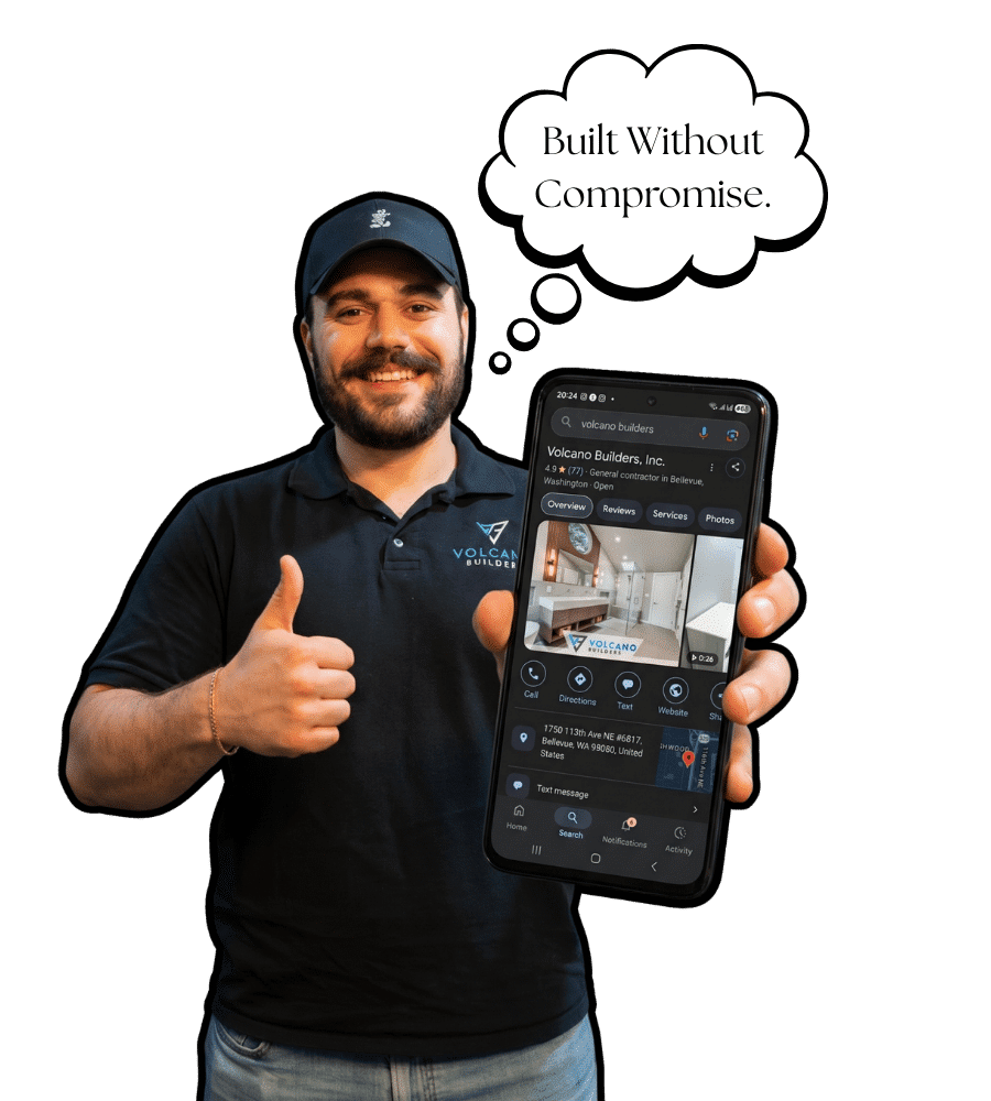 Bar Unger owner of Volcano Builders showing Google Business profile with 4.9 star rating and 77 reviews for home remodeling in Bellevue Washington